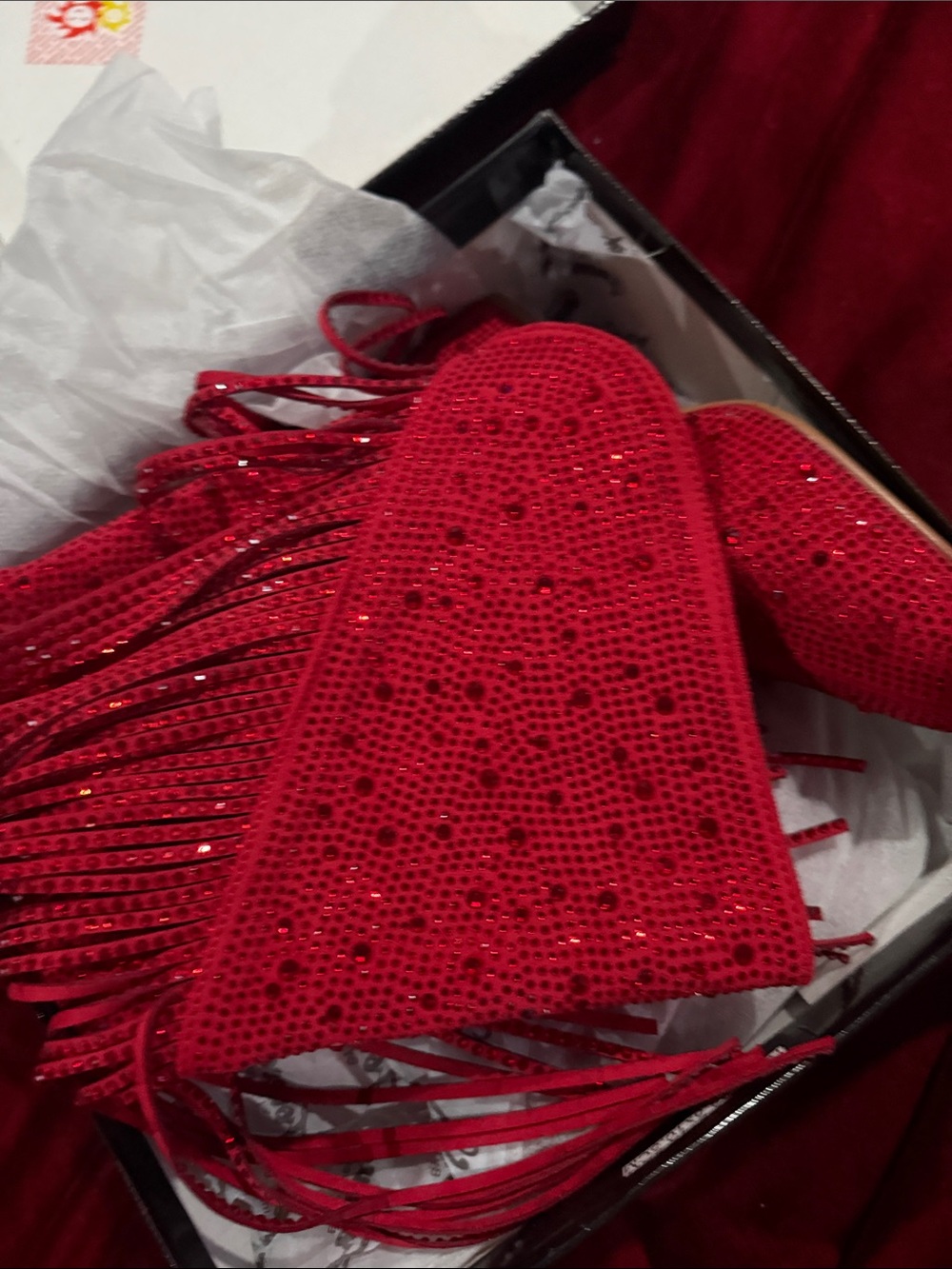Red Fringe Rhinestone High Heel Boot - Picture 6 of 6